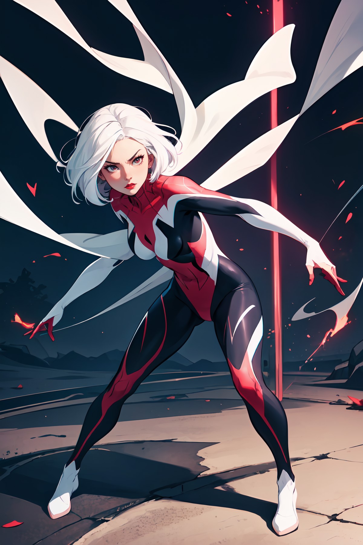 masterpiece, best quality, 1girl, full body, action scene, dynamic pose, spider gwen, white hair, Cute Loose Bob hairstyle...